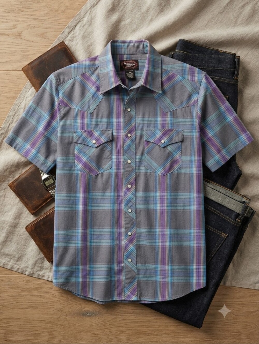 Williams Bay Blue Purple Gray Plaid Western Short Sleeve Pearl Snap Shirt
